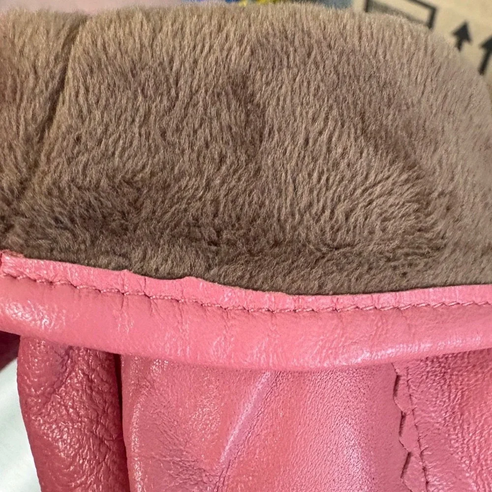 Tingyang Womens Leather Gloves Bow Accent Faux Fur Lined Pink Green‎ Set of 2